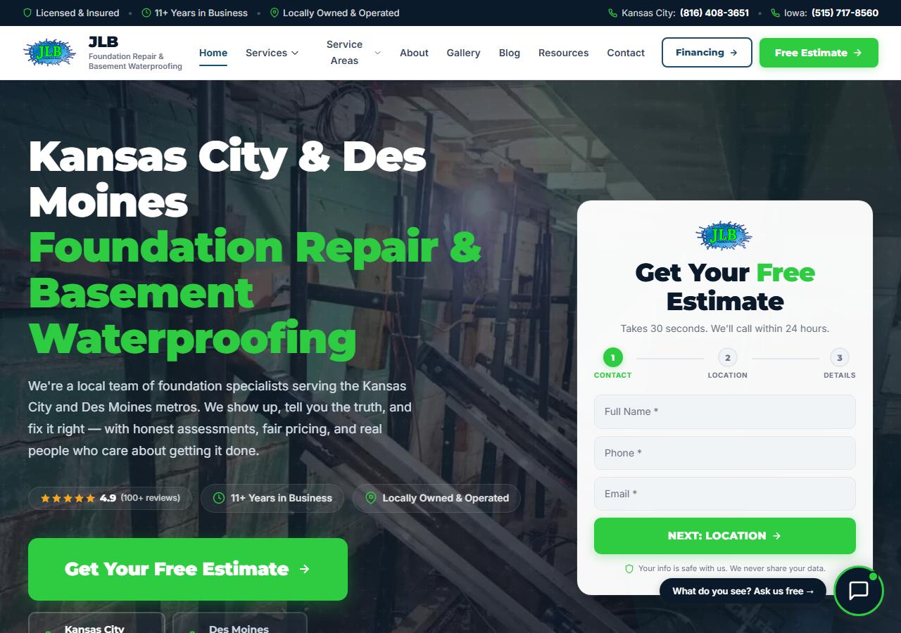JLB Foundation Repair website screenshot